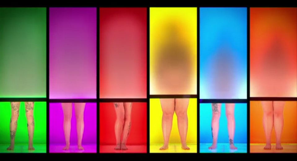 Naked Attraction game show contestants' legs behind frosted glass.