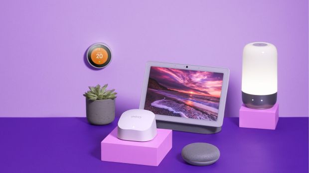 Smart home devices displayed on a purple surface.