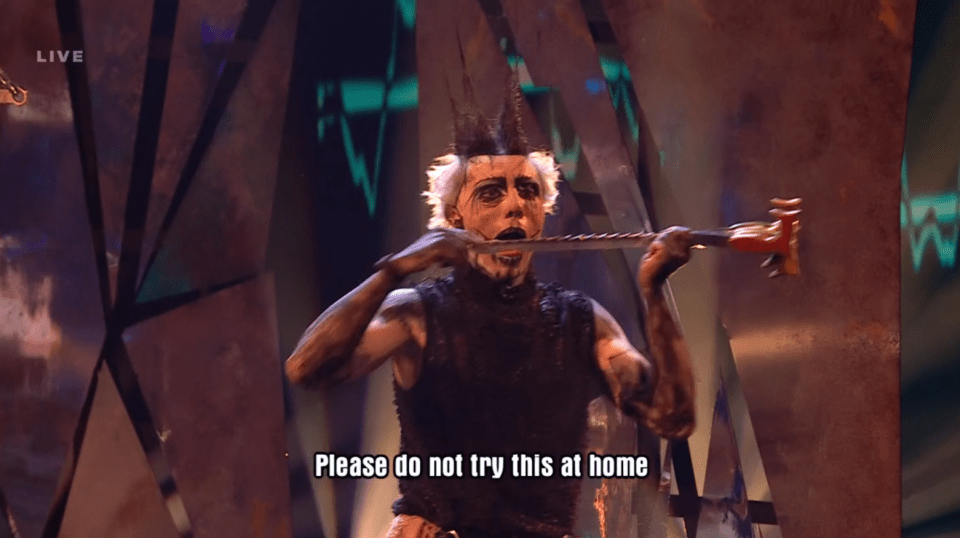 Auzzy Blood performing a dangerous act on Britain's Got Talent.  Please do not try this at home.