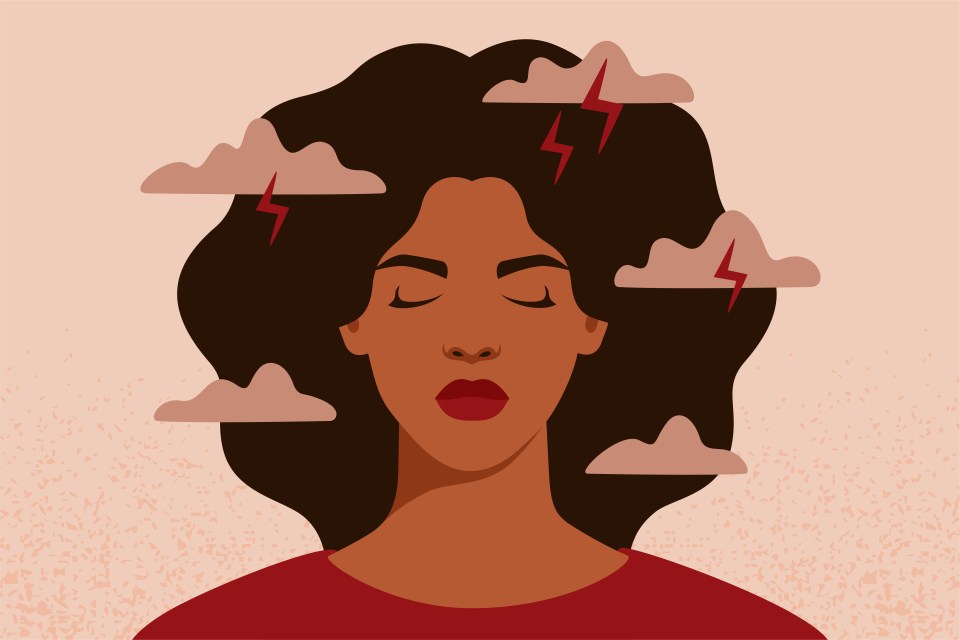 Illustration of a Black woman experiencing anxiety and stress.