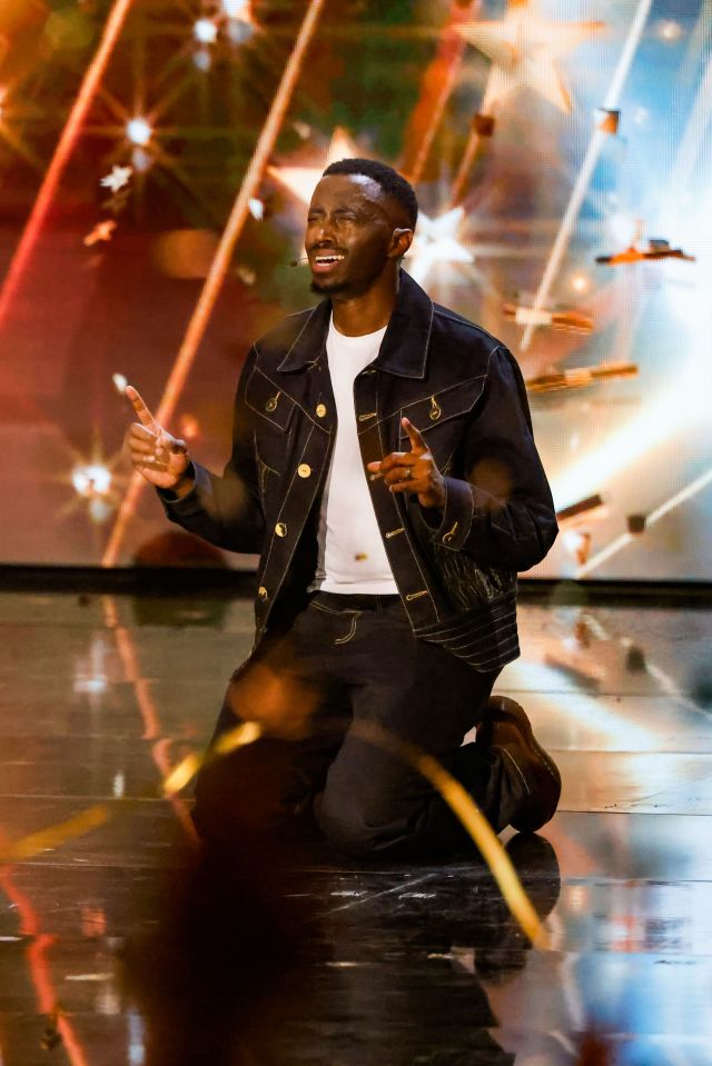 Joseph Charm, contestant on Britain's Got Talent, kneeling on stage after receiving a Golden Buzzer.