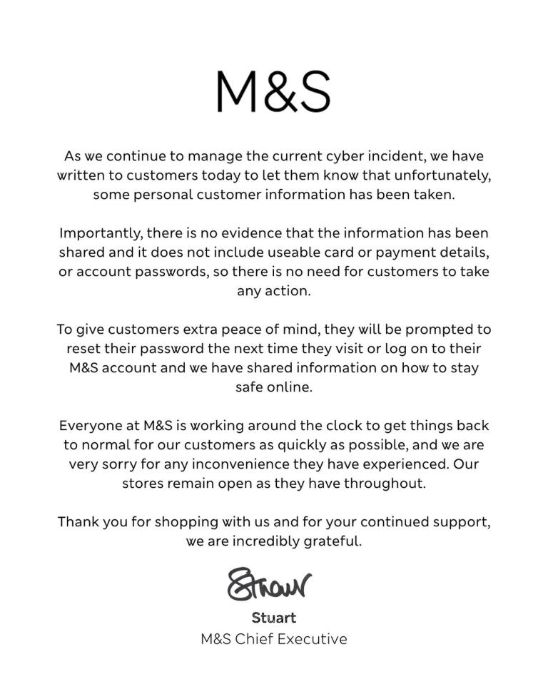 M&S statement regarding a cyber incident.