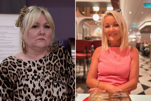 An image collage containing 2 images, Image 1 shows Beth Tinker from Coronation Street tells Faye Windass that Craig isn't ready for a baby, Image 2 shows Woman in a white dress taking a selfie in a bathroom