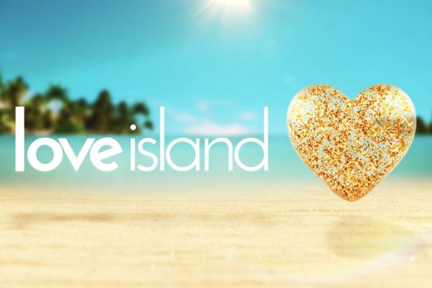 An image collage containing 1 images, Image 1 shows Love Island logo with gold glitter heart on beach