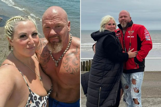An image collage containing 2 images, Image 1 shows Couple on a beach; the man has tattoos and is shirtless, Image 2 shows Couple embracing at the beach